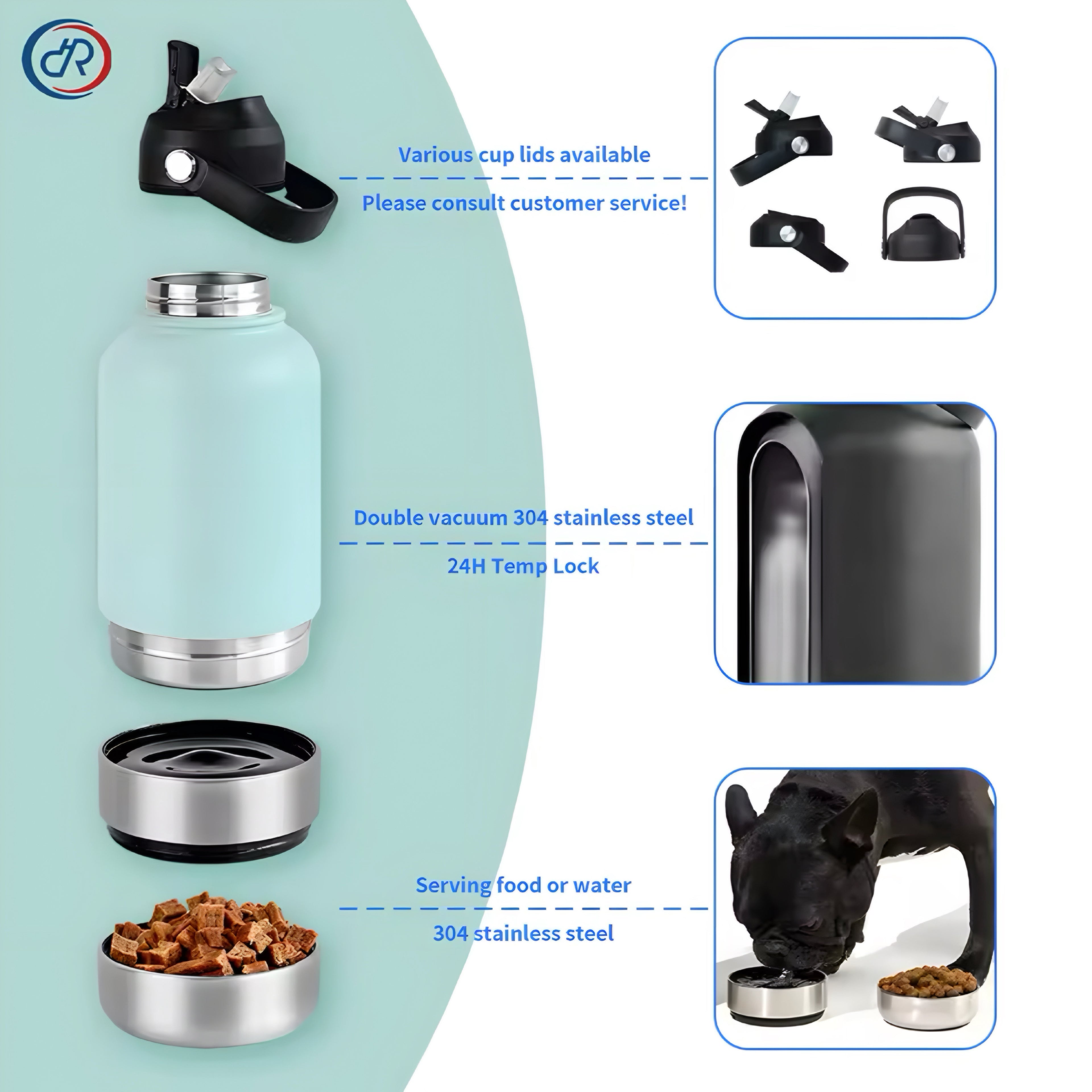 Botella de Agua 3-en-1 para Perros de Acero Inoxidable
