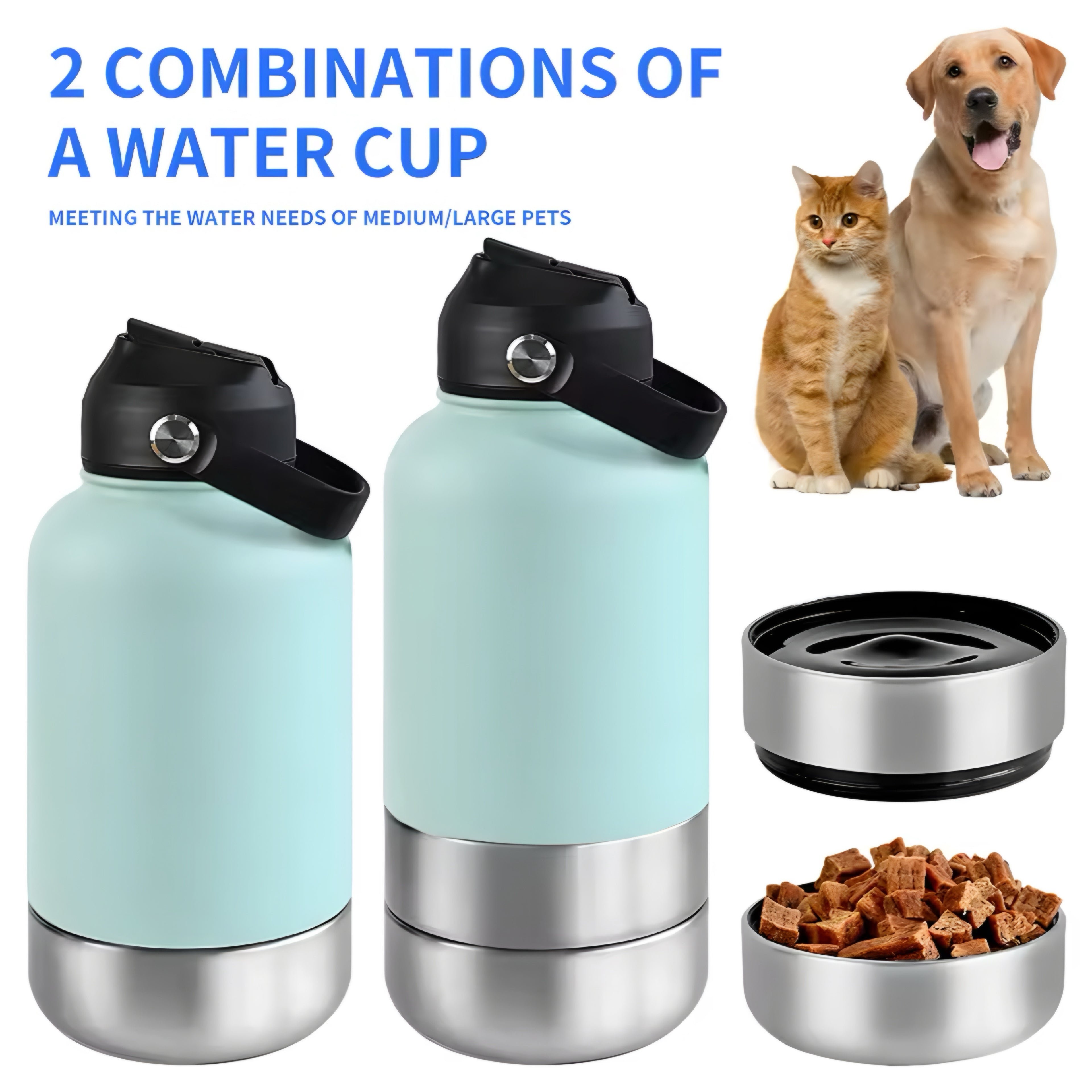 Botella de Agua 3-en-1 para Perros de Acero Inoxidable